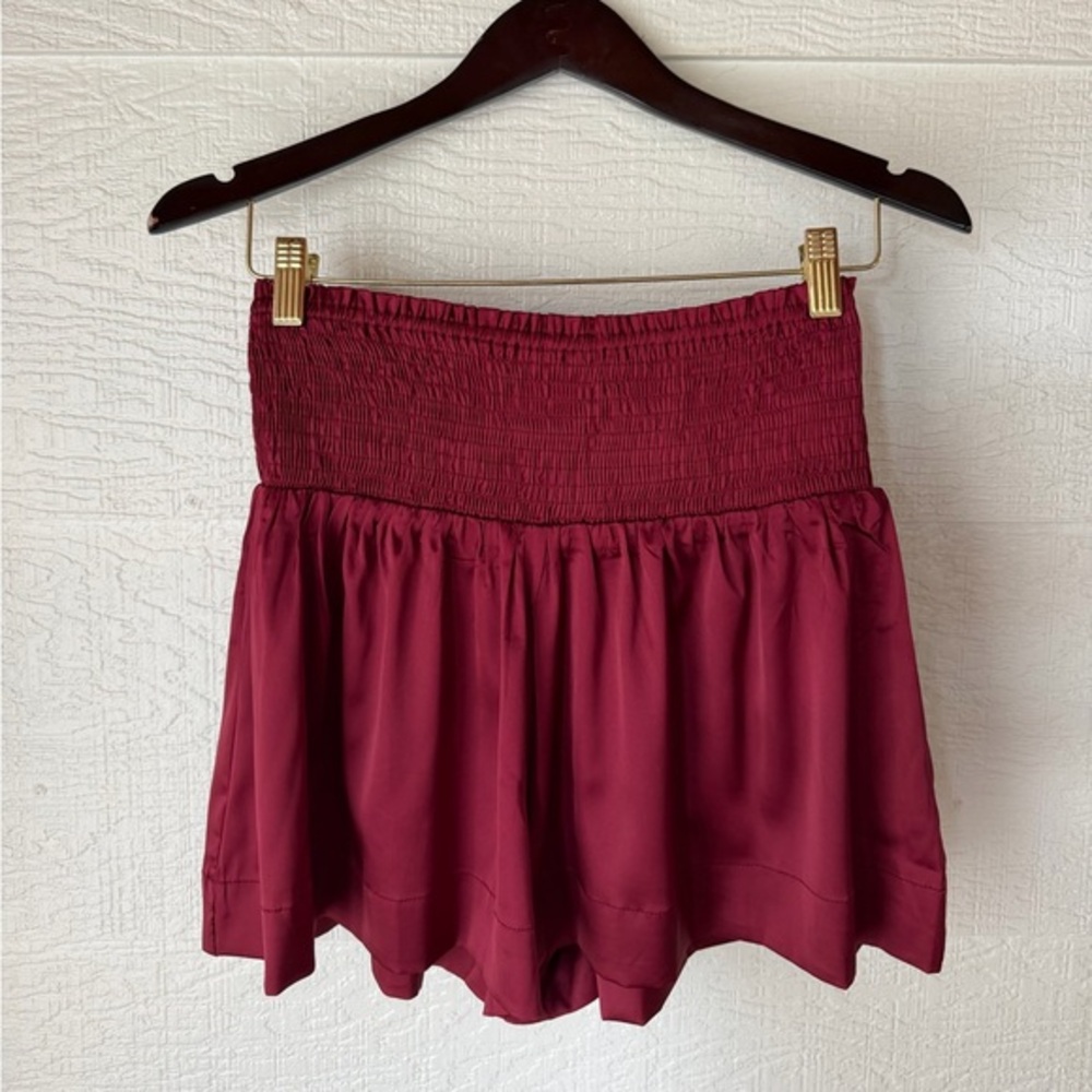 TCEC Burgundy Satin High Waisted Shorts Smocked Waist NWT